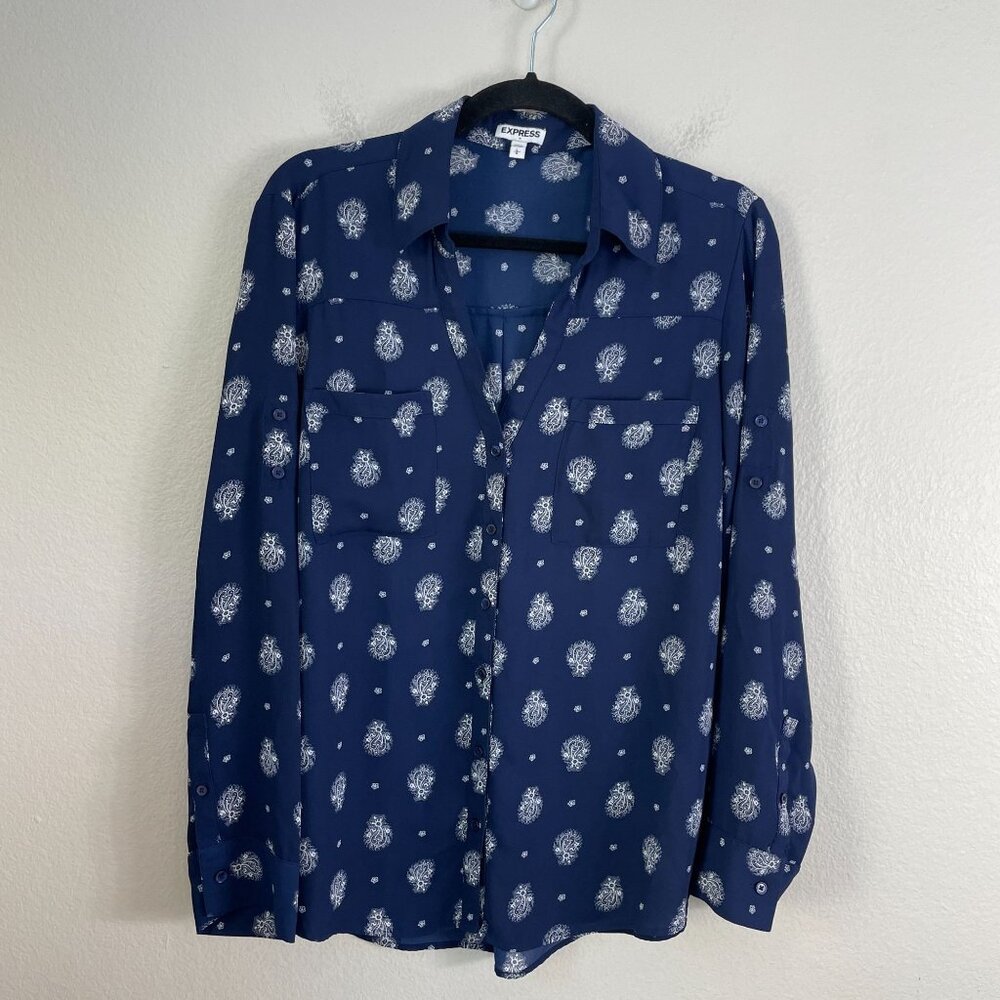 Express Womens Large Navy‎ Blue Paisley Button Up Blouse Roll Tab Sleeve Shirt